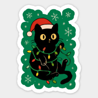Black Cat in Santa Hat Wrapped in Christmas Lights Magnet