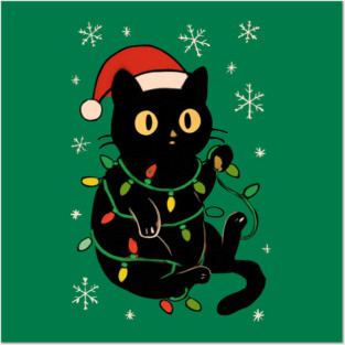 Black Cat in Santa Hat Wrapped in Christmas Lights Posters and Art