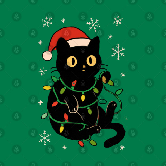 Black Cat in Santa Hat Wrapped in Christmas Lights by Creatifly Graphic Tees