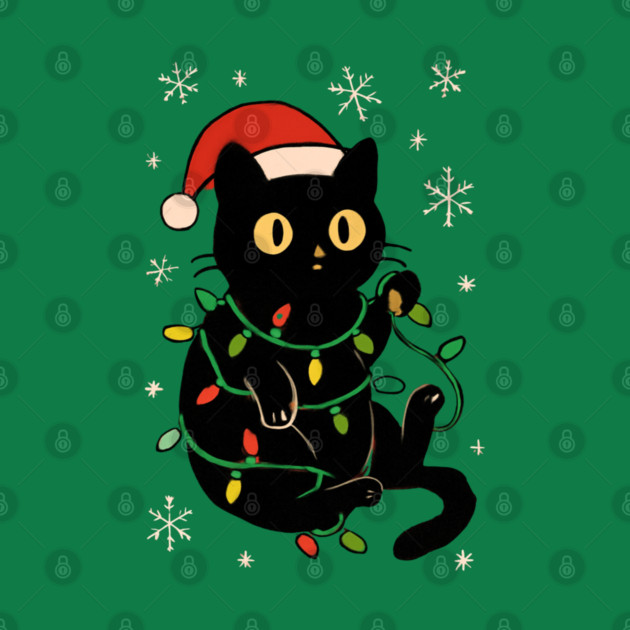 Black Cat in Santa Hat Wrapped in Christmas Lights by Creatifly Graphic Tees