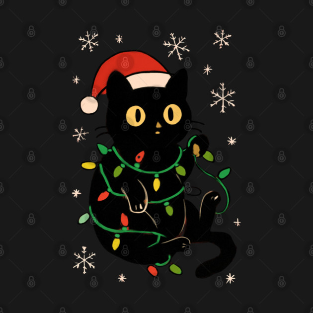 Black Cat in Santa Hat Wrapped in Christmas Lights by Creatifly Graphic Tees