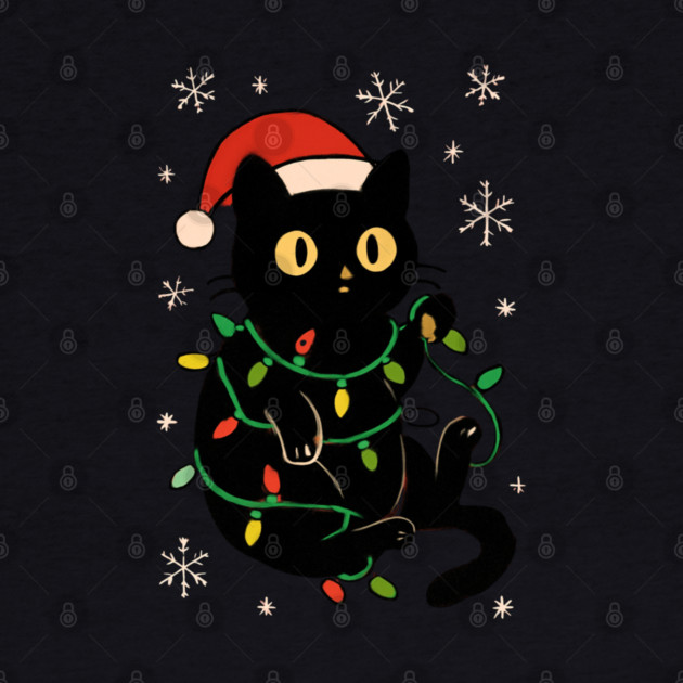 Black Cat in Santa Hat Wrapped in Christmas Lights by Creatifly Graphic Tees