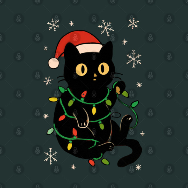 Black Cat in Santa Hat Wrapped in Christmas Lights by Creatifly Graphic Tees