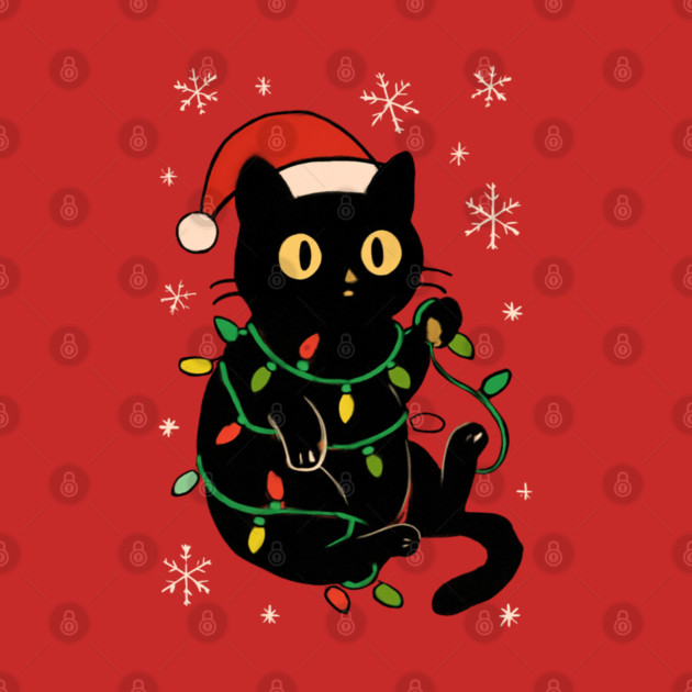 Black Cat in Santa Hat Wrapped in Christmas Lights by Creatifly Graphic Tees