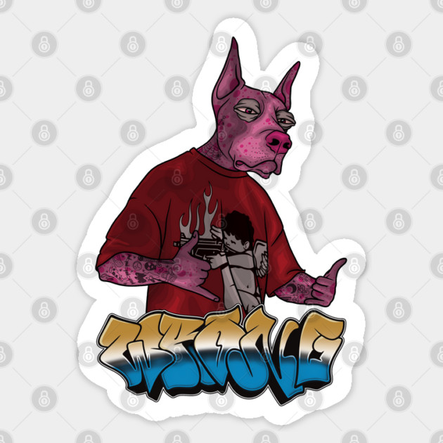 Crazy Dog in Red Shirt Sticker by Wrong