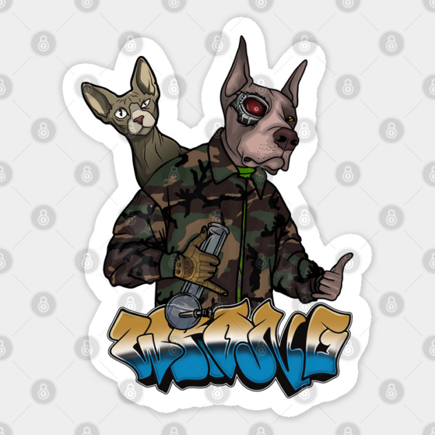 Crazy Dog Cyborg with Cat Sticker by Wrong