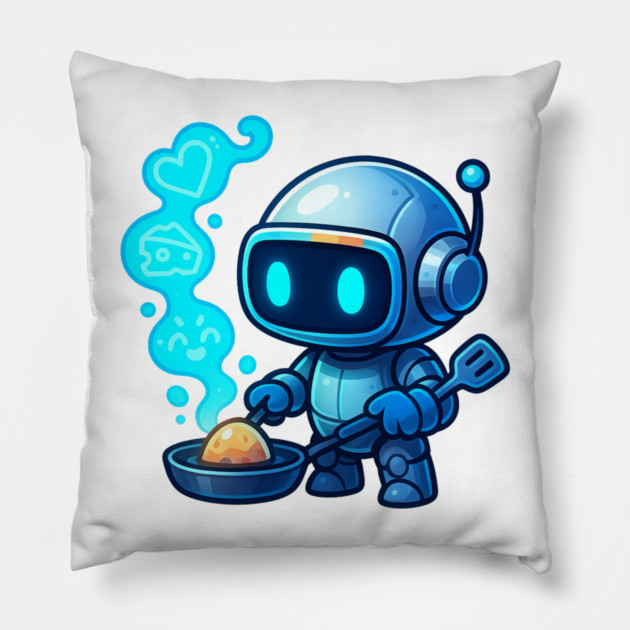 Cute Robot Chef Cooking Egg • Adorable Futuristic Kitchen Art Pillow by Anne Lee