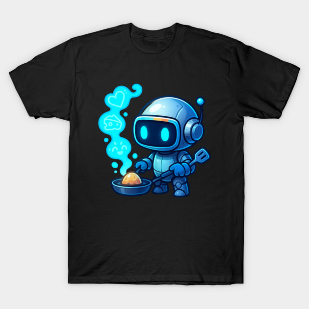 Cute Robot Chef Cooking Egg • Adorable Futuristic Kitchen Art T-Shirt by Anne Lee