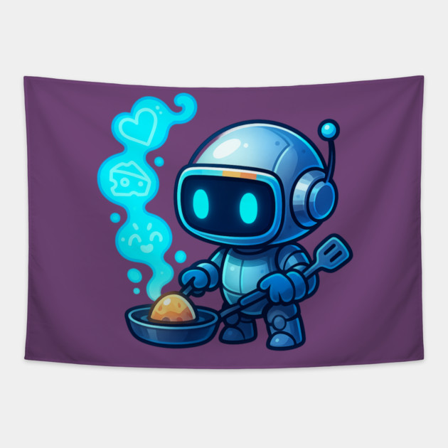Cute Robot Chef Cooking Egg • Adorable Futuristic Kitchen Art Tapestry by Anne Lee