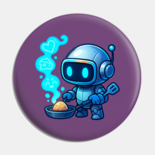 Cute Robot Chef Cooking Egg • Adorable Futuristic Kitchen Art Pin