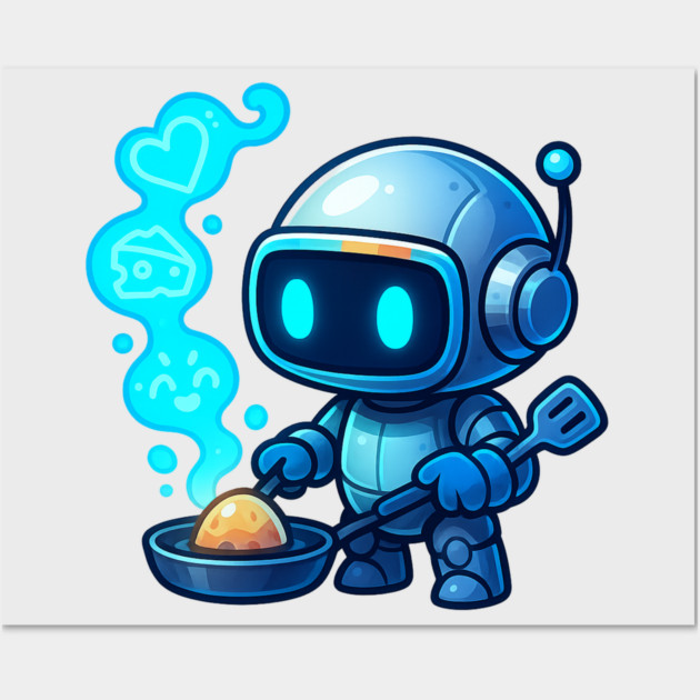 Cute Robot Chef Cooking Egg • Adorable Futuristic Kitchen Art Wall Art by Anne Lee