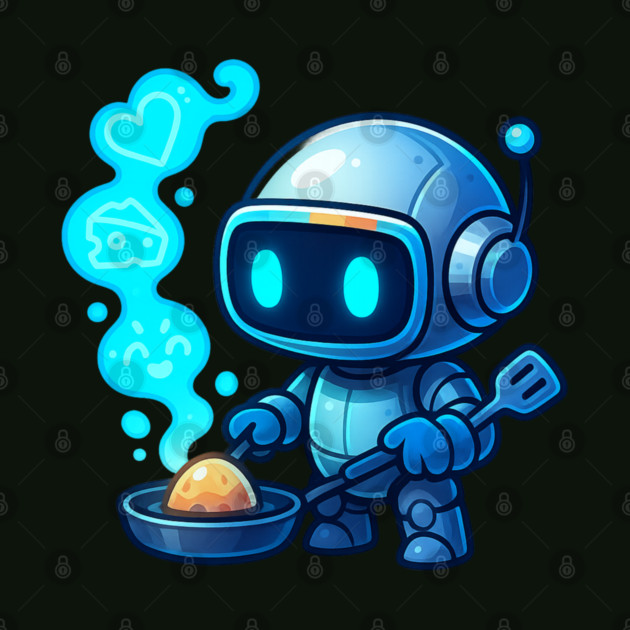 Cute Robot Chef Cooking Egg • Adorable Futuristic Kitchen Art by Anne Lee