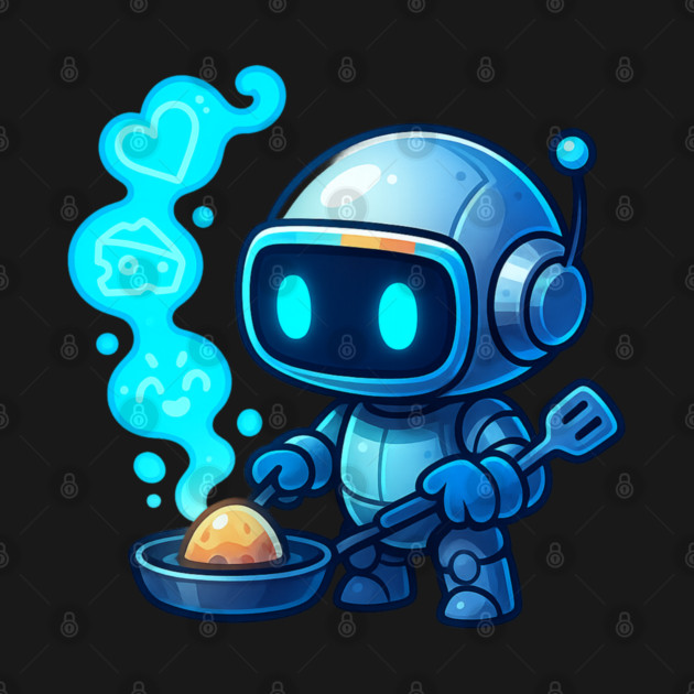 Cute Robot Chef Cooking Egg • Adorable Futuristic Kitchen Art by Anne Lee