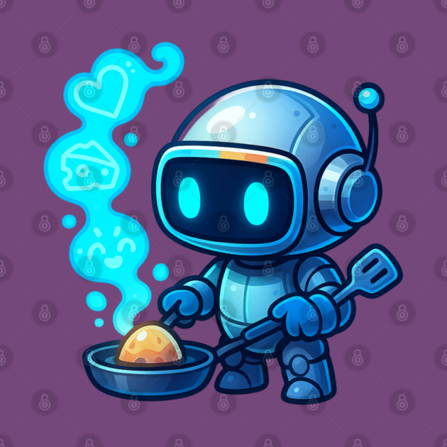 Cute Robot Chef Cooking Egg • Adorable Futuristic Kitchen Art by Anne Lee