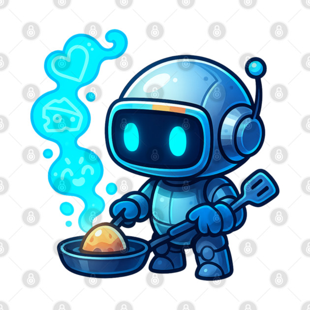 Cute Robot Chef Cooking Egg • Adorable Futuristic Kitchen Art by Anne Lee