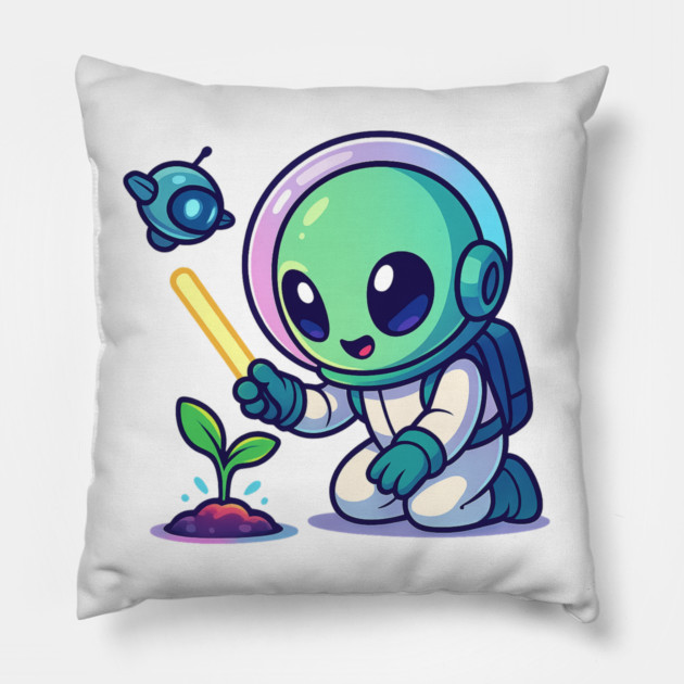Cute Alien Gardener Growing a Plant • Wholesome Space Art Pillow by Anne Lee