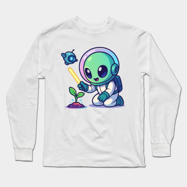 Cute Alien Gardener Growing a Plant • Wholesome Space Art Long Sleeve T-Shirt by Anne Lee