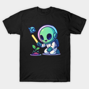 Cute Alien Gardener Growing a Plant • Wholesome Space Art T-Shirt