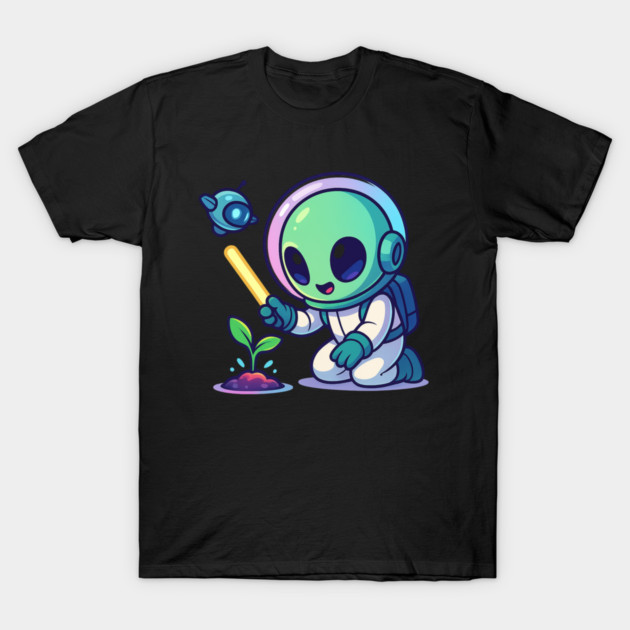 Cute Alien Gardener Growing a Plant • Wholesome Space Art T-Shirt by Anne Lee