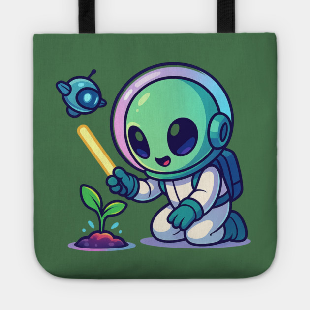 Cute Alien Gardener Growing a Plant • Wholesome Space Art Tote by Anne Lee