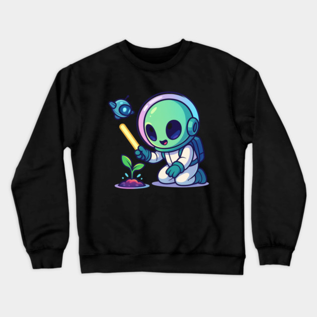 Cute Alien Gardener Growing a Plant • Wholesome Space Art Crewneck Sweatshirt by Anne Lee