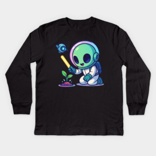 Cute Alien Gardener Growing a Plant • Wholesome Space Art Kids Long Sleeve T-Shirt