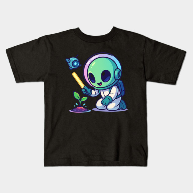 Cute Alien Gardener Growing a Plant • Wholesome Space Art Kids T-Shirt by Anne Lee