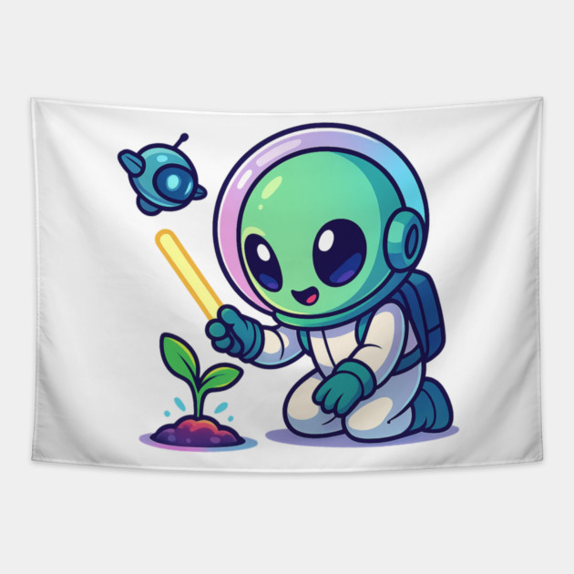 Cute Alien Gardener Growing a Plant • Wholesome Space Art Tapestry by Anne Lee