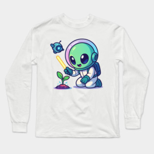 Cute Alien Gardener Growing a Plant • Wholesome Space Art Long Sleeve T-Shirt