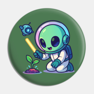 Cute Alien Gardener Growing a Plant • Wholesome Space Art Pin