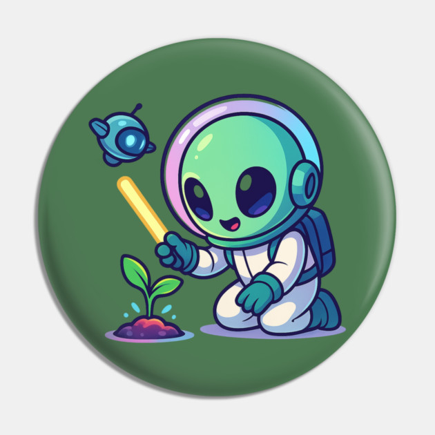 Cute Alien Gardener Growing a Plant • Wholesome Space Art Pin by Anne Lee
