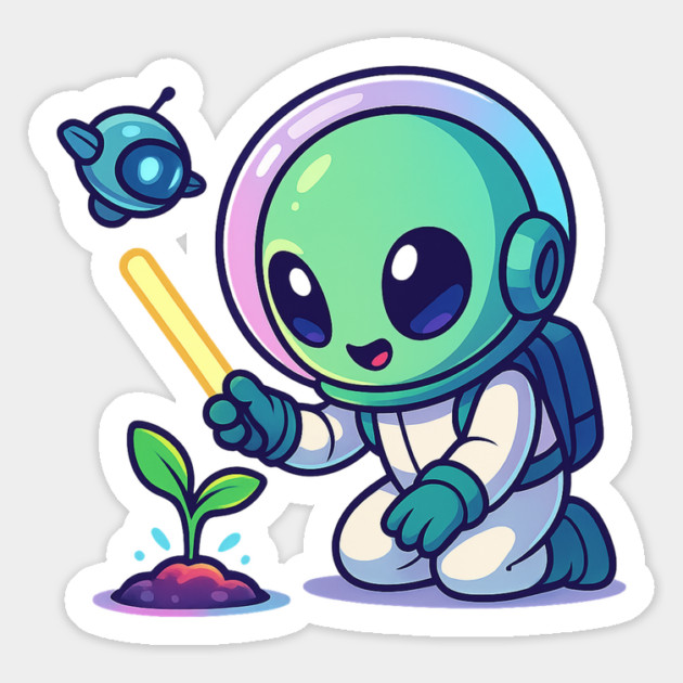 Cute Alien Gardener Growing a Plant • Wholesome Space Art Magnet by Anne Lee