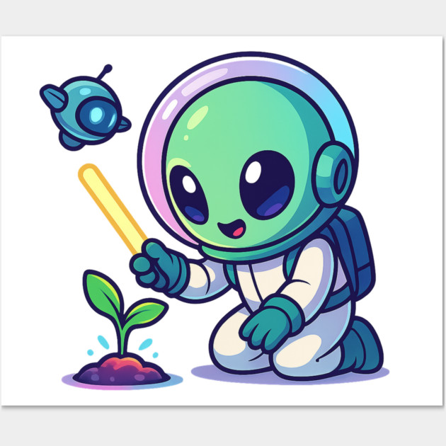 Cute Alien Gardener Growing a Plant • Wholesome Space Art Wall Art by Anne Lee