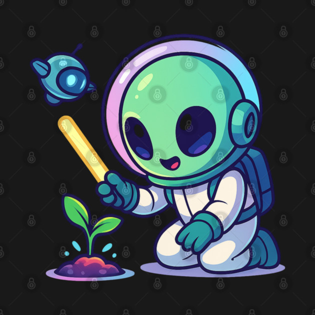 Cute Alien Gardener Growing a Plant • Wholesome Space Art by Anne Lee
