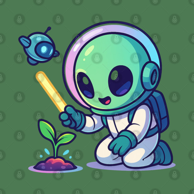Cute Alien Gardener Growing a Plant • Wholesome Space Art by Anne Lee