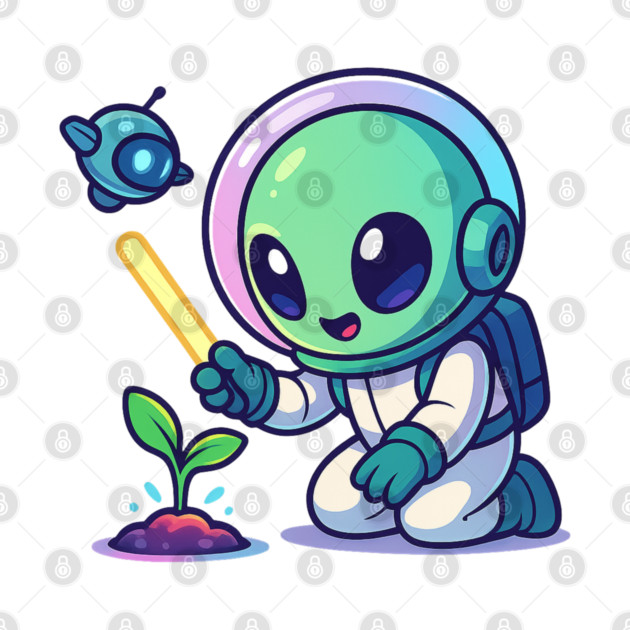 Cute Alien Gardener Growing a Plant • Wholesome Space Art by Anne Lee