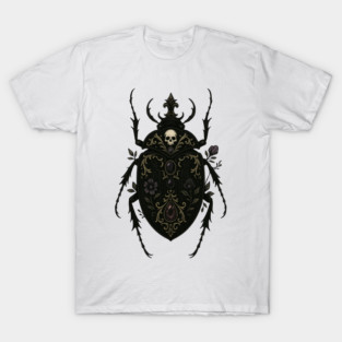 Gothic Scarab Beetle – Ornate Gold Filigree Beetle with Skull and Dark Florals T-Shirt