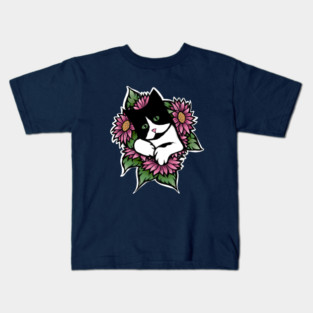 Tuxedo Cat Floral Kids T-Shirt