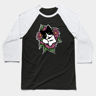 Tuxedo Cat Floral Baseball T-Shirt
