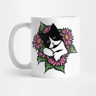 Tuxedo Cat Floral Mug