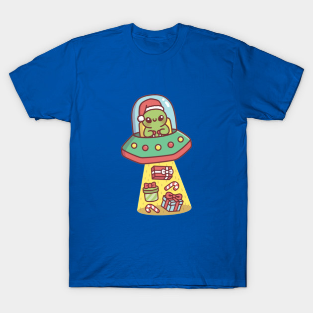 Funny Alien In UFO Abducts Christmas Presents T-Shirt by rustydoodle