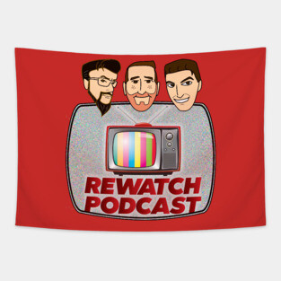 Rewatch Podcast Logo with Host Faces Tapestry