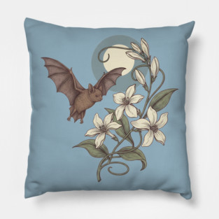 Moonlit Bat with Delicate Night Blossoms Pillow