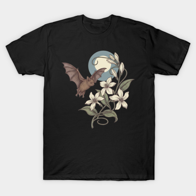 Moonlit Bat with Delicate Night Blossoms T-Shirt by BirdsnStuff
