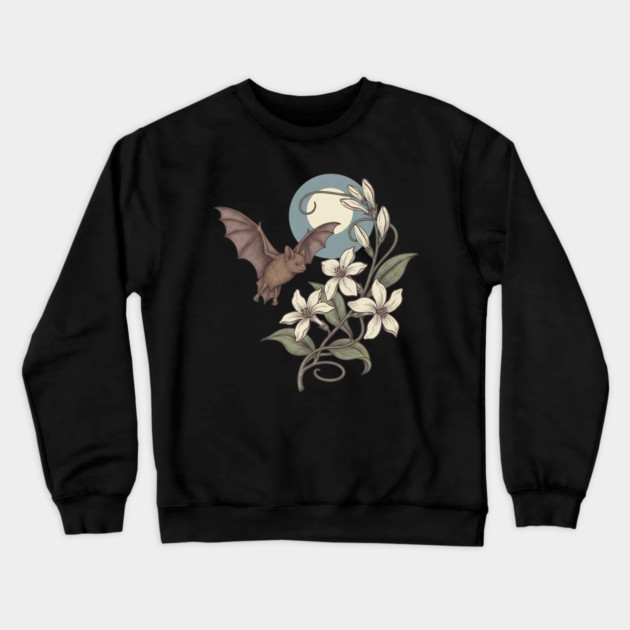 Moonlit Bat with Delicate Night Blossoms Crewneck Sweatshirt by BirdsnStuff