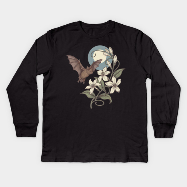 Moonlit Bat with Delicate Night Blossoms Kids Long Sleeve T-Shirt by BirdsnStuff