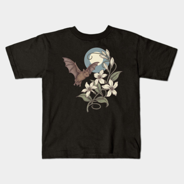 Moonlit Bat with Delicate Night Blossoms Kids T-Shirt by BirdsnStuff