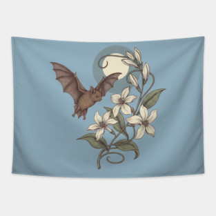 Moonlit Bat with Delicate Night Blossoms Tapestry