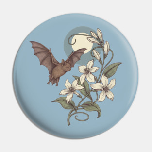 Moonlit Bat with Delicate Night Blossoms Pin
