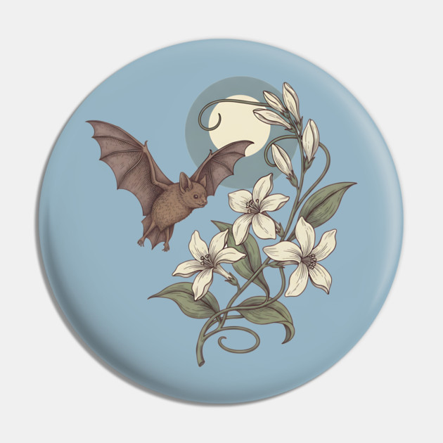 Moonlit Bat with Delicate Night Blossoms Pin by BirdsnStuff